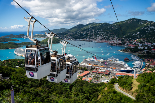 A cable cars in the air over a cityDescription automatically generated